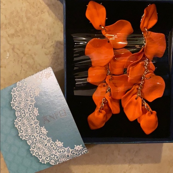 Anfei Chandelier Orange Rose Petal Flower Earrings - Picture 2 of 5